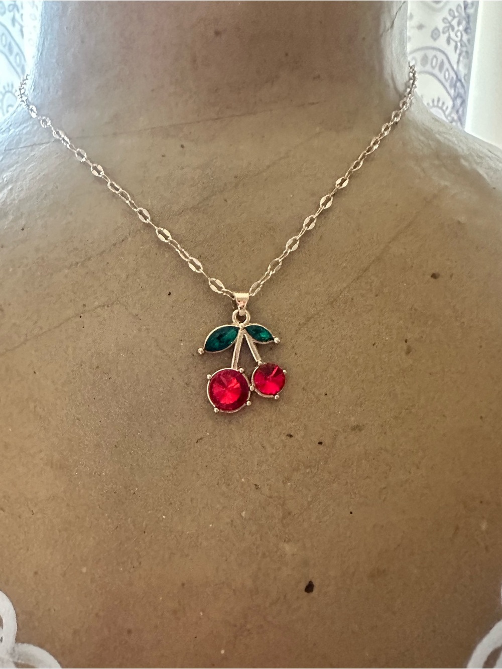Gold Cherry Pendant Necklace with Red and Green Stones